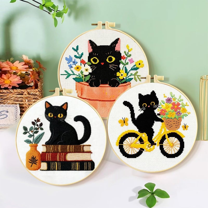 Zhenqing 3-Piece Black Cat Cross Stitch Kit for Beginners - Complete Set with Pre-Printed 11CT 24x24cm Fabric, Hoop, Threads & Tools (3 Adorable Cat Designs)(70403) - Image 1